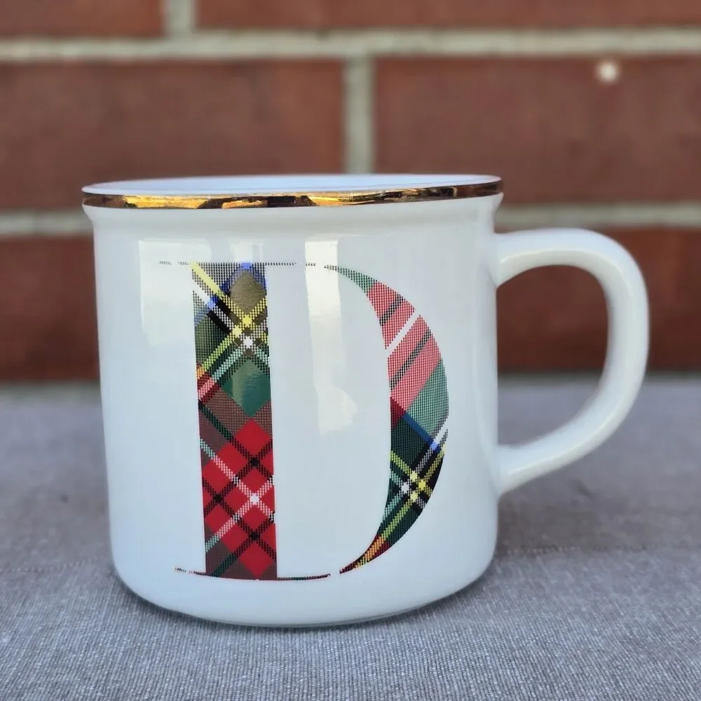 POTTERY BARN STEWART PLAID (D) INITIAL COFFEE MUG 15OZ